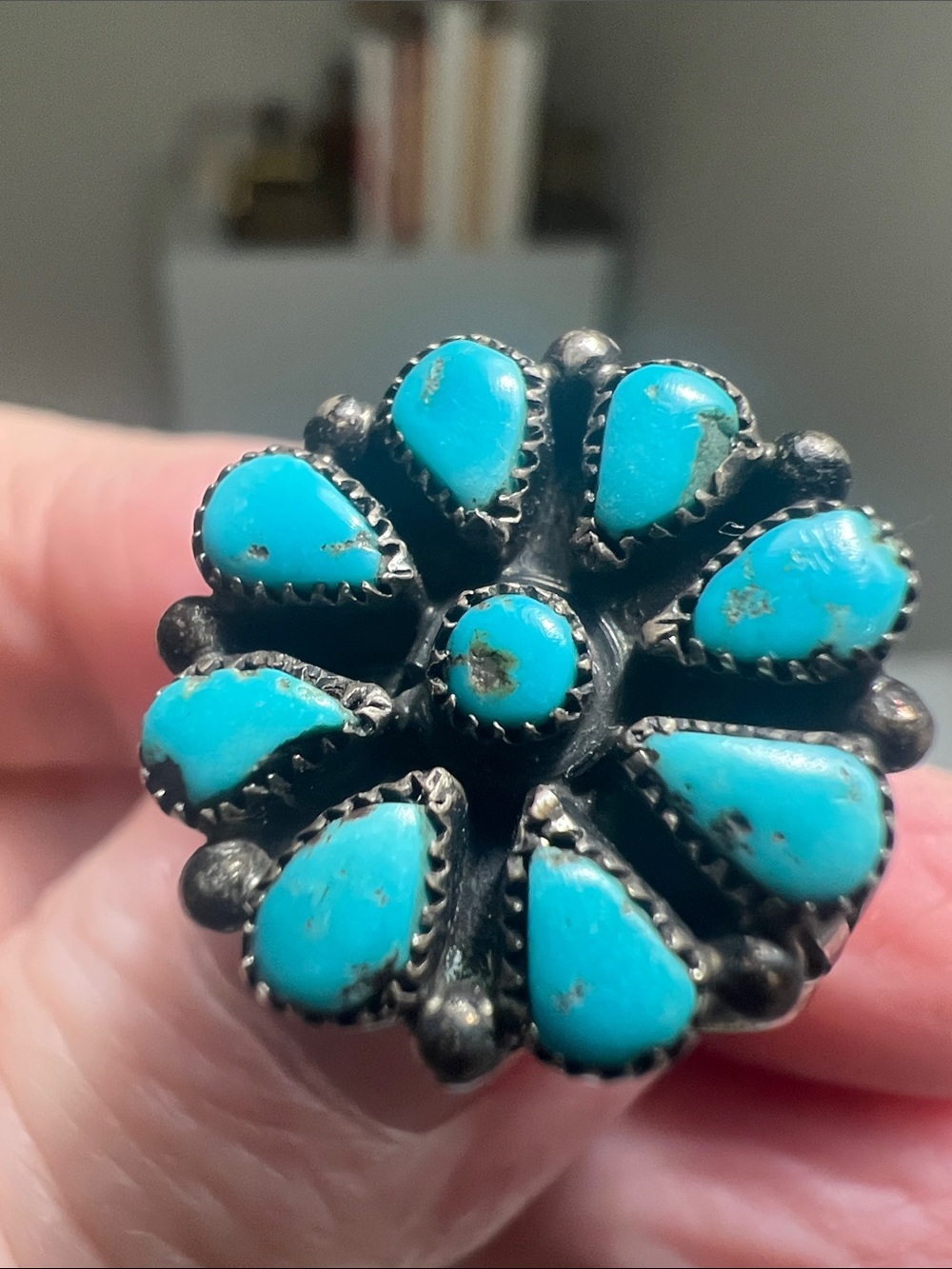 Turquoise Cluster Floral Ring in Silver Tone - Heirloom - Picture 5 of 16